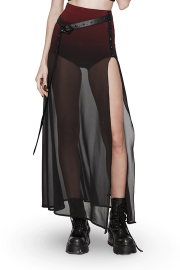 Stylish Sheer A-Line Maxi Skirt with High Slit and Belt